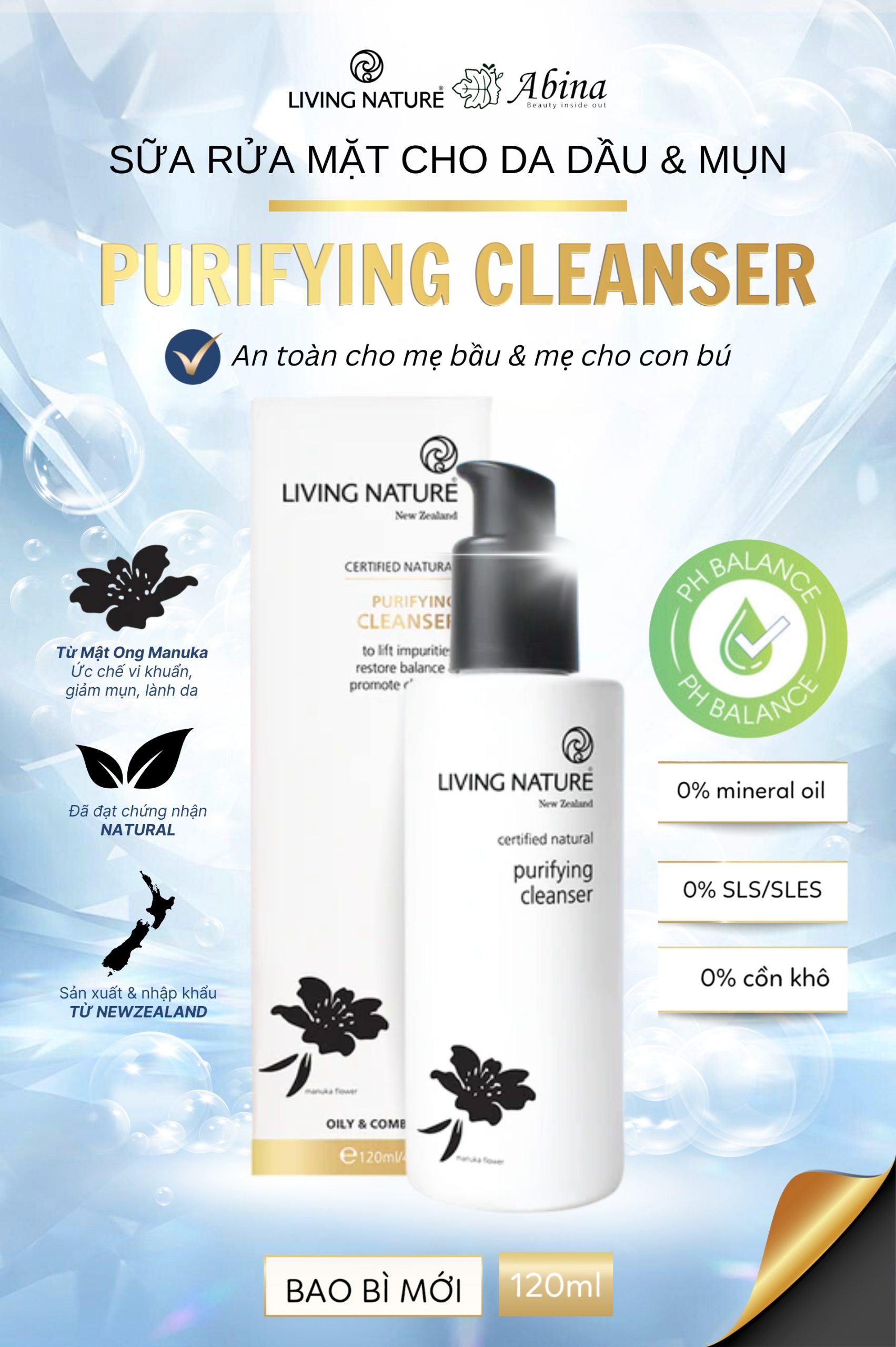 Sữa rửa mặt da dầu mụn Living Nature Purifying Cleanser 120ml